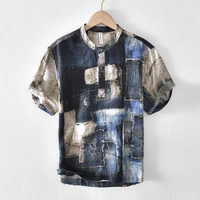Kaos T-shirt Musim Panas Lengan Pendek Kasual Gaya Jepang Kerah Tegak Kancing Tersembunyi Bahan Linen 100% Poplin Floral Abstrak Grosir