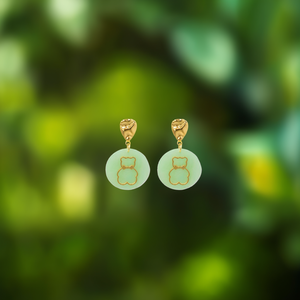 Fashion Drop <b>Earrings</b> 316L Stainless Steel PVD Gold Plating Sustainable Resistant Round Green <b>Cat</b> Design - Product Image 3
