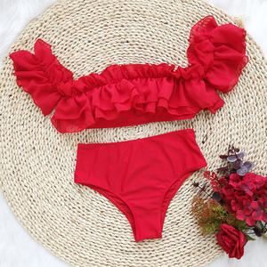 Bikinis sexy à double volants <span class=keywords><strong>2022</strong></span>, maillot de bain pour femmes, rouge, taille haute, maillot de bain épaules dénudées, vêtements de plage, bandeau, bikini - Product Image 5