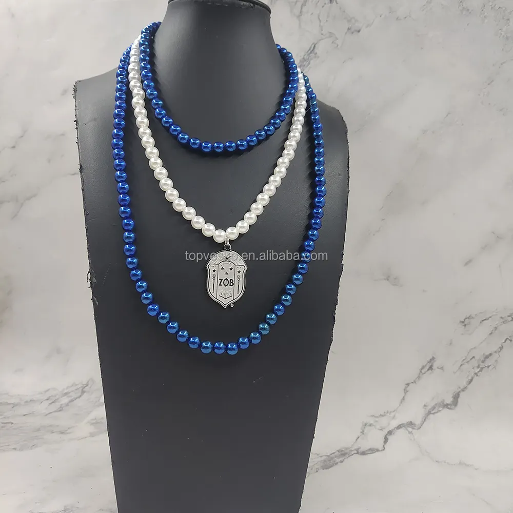 Drop Shipping Greek Zeta Phi Beta Sorority Three layers White Blue Pearl Shield Pendant Necklace Give Sister Gift