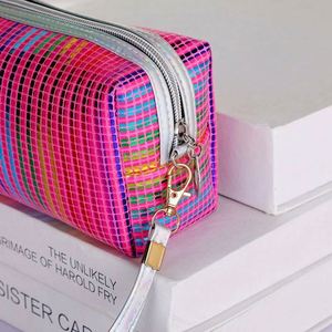 Bolsa de Maquillaje de Viaje Personalizada con Rayas, de Cuero PU Colorido, Organizador de Cosméticos para Mujer, MOQ Bajo - Product Image 4
