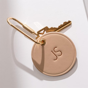 PU round <b>keychain</b> pendant, brass buckle bag accessory, <b>leather</b> tag with hot stamping logo. - Product Image 3