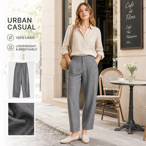Hanf-Leinen-Mischung Damen Minimalistische Garngefärbte Twill-Freizeithose Drapierte Hose mit Eigenem Logo Premium Weich Atmungsaktiv Bequem - Product Image 4