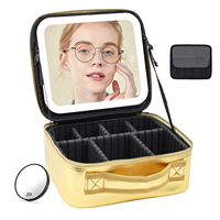 Organisateur de maquillage MoonlitGlow éco-responsable pour hôtel avec miroir éclairé, séparateurs ajustables, en cuir PU, pour salle de bain