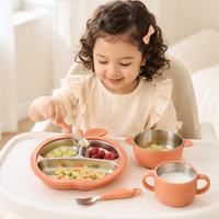 Ensemble de vaisselle pour bébé sur le thème de la pomme, bol, assiette et tasse, intérieur en acier inoxydable, extérieur en silicone, ventouse, vaisselle pour tout-petits, ensemble de sevrage