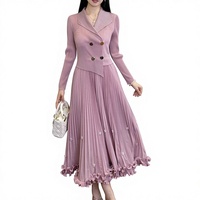 Robe à col tailleur pour femme, style Miyake, jupe plissée trapèze, taille haute, cintrée, amincissante, à volants, longue, pour l'automne et l'hiver