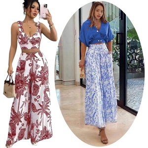 Womens Hawaiian Two Piece Wide Leg Pants Sets Tropical Crop Top Trousers Suit Boho <strong>Tracksuit</strong> Holiday Outfits Trendy Clothes - Product Image 1