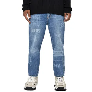 Groothandel Oem 100% Katoen Heren Loose Fit Denim Broek Mode Laser Print Jeans