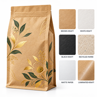 Sachet personnalisé en papier kraft sans fenêtre pour tisanes, scellé sur huit côtés avec marquage à chaud, pour la vente au détail et en gros