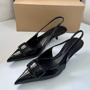 Mules à talons aiguilles en cuir verni noir pour femme – Élégantes et sexy – Sandales d'été sans talon pour femme - Product Image 3