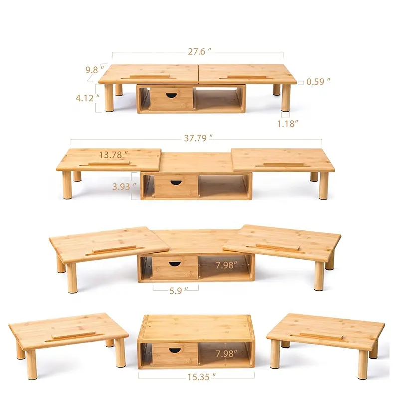 Suporte de madeira natural para monitor, suporte duplo de madeira ajustável para gavetas e gavetas, ferramenta de bambu para computador, ideal para montar sem necessidade