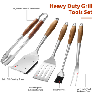 Heavy-Duty Grilling Accessories Rose Wood <b>BBQ</b> Grilling <b>Tools</b> Set Outdoor Grill Set with Spatula, Fork, Brush & Tongs - Product Image 4