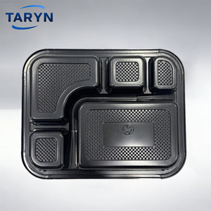Boîtes à bento jetables en plastique PS noir à 5 compartiments 235x190x50mm pour l'emballage alimentaire des restaurants - Product Image 2