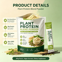 Poudre de mélange de protéines végétales en marque blanche OEM, sachet stick, protéines de pois, riz, chanvre, graines de courge, usine de protéines