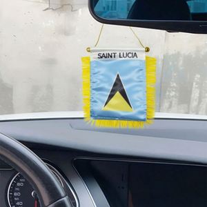Drapeau de voiture miniature personnalisé Sainte-Lucie en satin avec pompons jaunes, impression numérique, en polyester et plastique, pour usage automobile - Product Image 3
