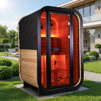 Sauna Kubus Kecil Tahan Air dari Kayu Spruce Karbonisasi Modern untuk 2 Orang, Sauna Uap Tradisional Luar Ruangan dengan Pemanas 6KW dan Lampu LED Internal