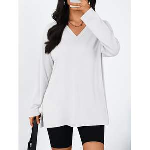 Custom Queen Womens Oversized <b>Long</b> <b>Sleeve</b> T Shirts Fall Fashion V Neck Basic Gym Workout <b>Tops</b> Plus Size <b>Y2K</b> Tees Side Yoga <b>Top</b> - Product Image 2