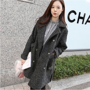 Women's Double Breasted Wool Coat Mid Length Korean Style Loose Fit Lapel Solid Color Keep Warm Commute Wear - Product Image 1