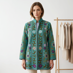 Veste en laine/cachemire brodée de fleurs turquoise, manches longues, pour femme, printemps, respirante, tissée à la main, décorative - Product Image 1