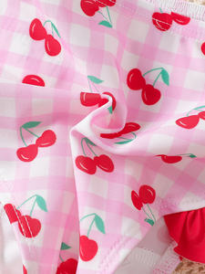 Ensemble de maillot de bain d'été pour bébé fille, imprimé fruits, avec débardeur à bretelles, nœud, short et chapeau de couleur assortie - ODM disponible - Product Image 5