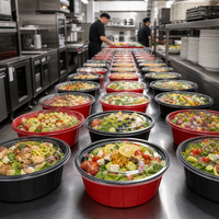 Conteneur alimentaire jetable rond rouge et noir thermoformé en gros, boîte bento en plastique avec couvercle