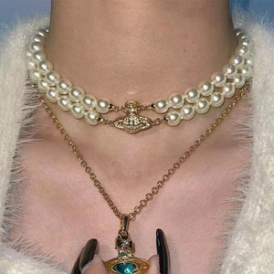 <span class=keywords><strong>Collana</strong></span> di perle <span class=keywords><strong>saturno</strong></span> a doppio strato con ciondolo pianeta con diamante pieno magnetico, Versatile per impilare, catena girocollo. - Product Image 4