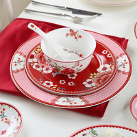 Service de vaisselle en céramique de haute qualité, peinture sous glaçure, style chinois, fleurs rouges, rond, assiette/bol/plat