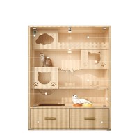 Maison de luxe pour chat en bois massif, vue panoramique, design tout-en-un à trois étages, forme rectangulaire, motif grain de bois, structure d'escalade pour chat