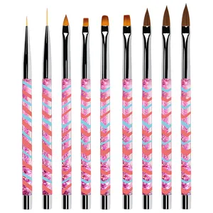 Diseño de rayas horizontales lentejuelas rosas Mango de acrílico líquido Kolinsky Nail Acrylic Art Brush Set Pintura UV Gel liner nail Brush