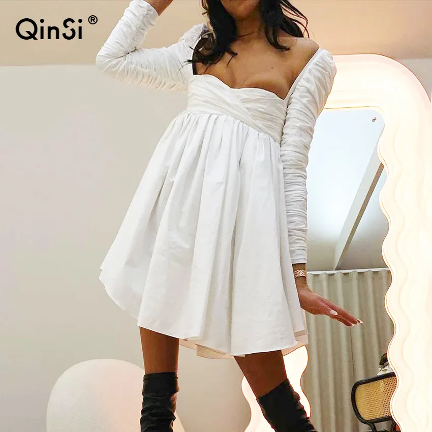 QINSI Woven Women Strap Mini Dress Ruched Zipper Up Cross Bandage Backless A Line Sexy Party Elegant 2021 Club Party Slim
