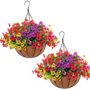 <strong>Artificial</strong> Outdoor <strong>Flowers</strong> <strong>with</strong> <strong>Hanging</strong> <strong>Basket</strong>, 2 <strong>Hanging</strong> Planters <strong>with</strong> 24 Pcs <strong>Flowers</strong> for Front Porch Garden Patio Home Decor - Product Image 1