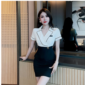 Ensemble uniforme <span class=keywords><strong>de</strong></span> spa et <span class=keywords><strong>de</strong></span> salon <span class=keywords><strong>de</strong></span> beauté, tenue <span class=keywords><strong>de</strong></span> travail en polyester gaufré, haut, chemise, jupe courte, robe, pour le travail, le bureau, grandes tailles - Product Image 6