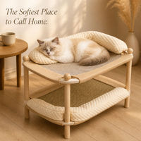 Lit pour chat en bois double couche, lit rafraîchissant d'été pour animaux de compagnie avec tapis à gratter en jute, coussin en forme de L pour chats d'intérieur