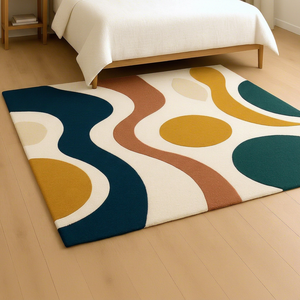 Tapis rectangulaire moderne abstrait fait main en laine blanche pour la décoration de chambre - Product Image 1