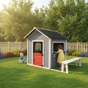 Houten speelhuisje voor kinderen voor in de tuin, met bankje - Product Image 1