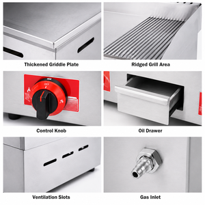 Gril à gaz GPL commercial GH-722, 730 mm, surface plate et striée en acier inoxydable, avec deux boutons de commande et tiroir à huile - Product Image 2