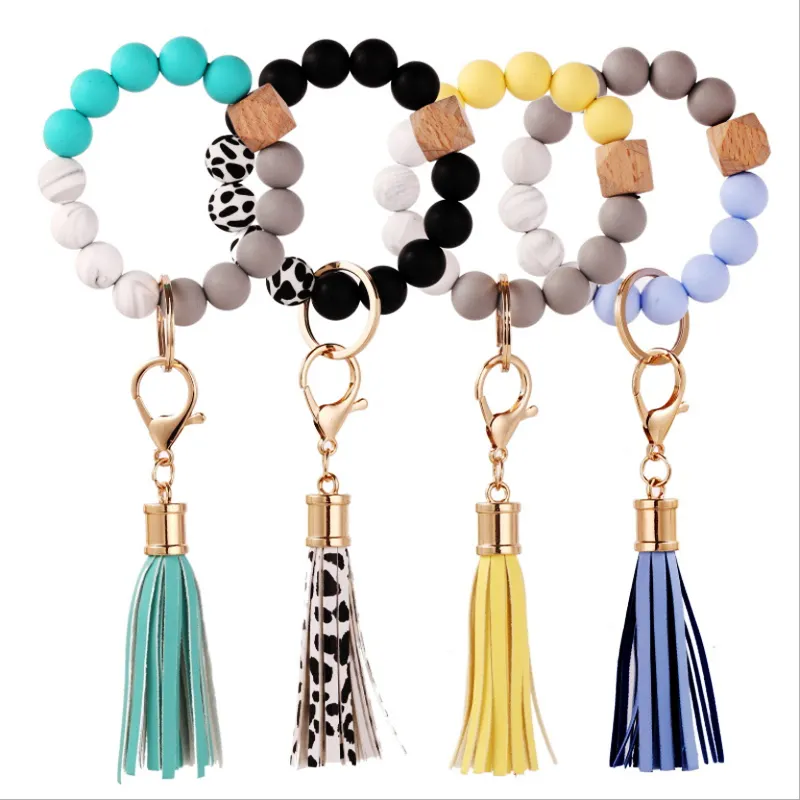 Hot selling Colorful Wood Bead Wristlet Key chain Retro Bracelet Bangle PU Leather Tassel Wristbands Keychain