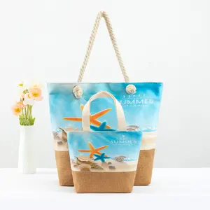Wholesale Custom logo 2pcs women canvas custom tote bag with rope handle canvas beach bag set