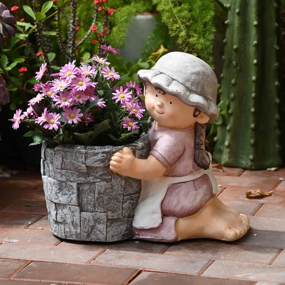 Decoration poly resin figurine cut boy girl flower pot animal magnesia planter for outdoor decoration