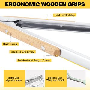 Extended Wooden Handle <b>BBQ</b> & Kitchen Tongs 430 Stainless Steel Heat Resistant Heavy Duty Multi-Function for Steak and Bread - Product Image 3