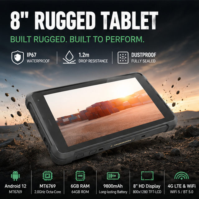 Customizable Industrial IP67 8Inch Rugged Android 12 Tablet with Multi-Platform Support for Professional Use