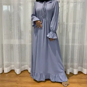 Islamic Women Dress Pleated Big Hem Style Cute Cloth Buttons Long Sleeve Maxi Dress Islamic Clothing Muslim Dresses for Women