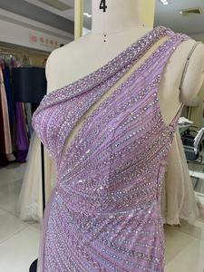 Robe de soirée musulmane de couleur mauve, élégante, entièrement ornée de perles, <span class=keywords><strong>jupe</strong></span> en tulle, longueur au sol, sans manches, avec paillettes - Product Image 4