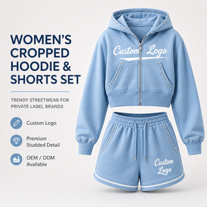 Completo Estivo da <span class=keywords><strong>Donna</strong></span> con Felpa con Cappuccio e Zip e Pantaloncini Sopra il Ginocchio, Set Due Pezzi Casual Vestibilità Comoda - Product Image 1