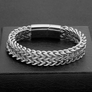 <b>Mens</b> Heavy Stainless Steel Double Row Woven Bracelet Hip Hop Punk Magnetic Clasp Cuff - Product Image 2