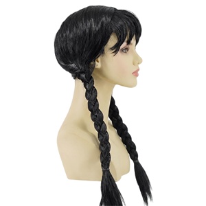 <span class=keywords><strong>Perruque</strong></span> de cosplay <span class=keywords><strong>Wednesday</strong></span> <span class=keywords><strong>Addams</strong></span>, noire, longue, à double tresses, synthétique, avec franges - Product Image 2