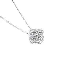 Wish Jewelry 925 Sterling Silver Classic Flower Shaped Round Cut 4 Leaf Clover White Gold Plated Necklace