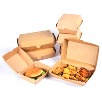 Barquettes alimentaires jetables en papier kraft en gros, estampées à chaud, couleurs et logos personnalisés. Contenants à emporter pour hamburgers, frites et en-cas.