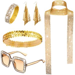 Disco Accessories Women's <b>Sequin</b> Scarf Earrings Bracelet Sunglasses Crystal Rhinestone Party Costume Jewelry Set - Product Image 3