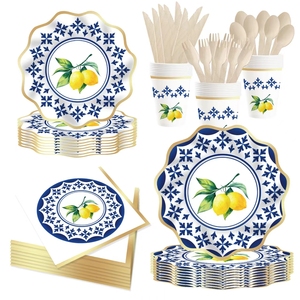 DAMAI Vaisselle jetable en porcelaine bleue et blanche pour fête d'anniversaire au citron, assiettes, gobelets, serviettes, ensemble de vaisselle de fête - Product Image 1
